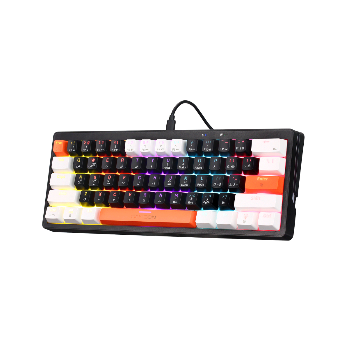 Angled front-right view of GAMEON AEROX GOMK60-RS 60% RGB mechanical keyboard, compact layout with rainbow backlighting.