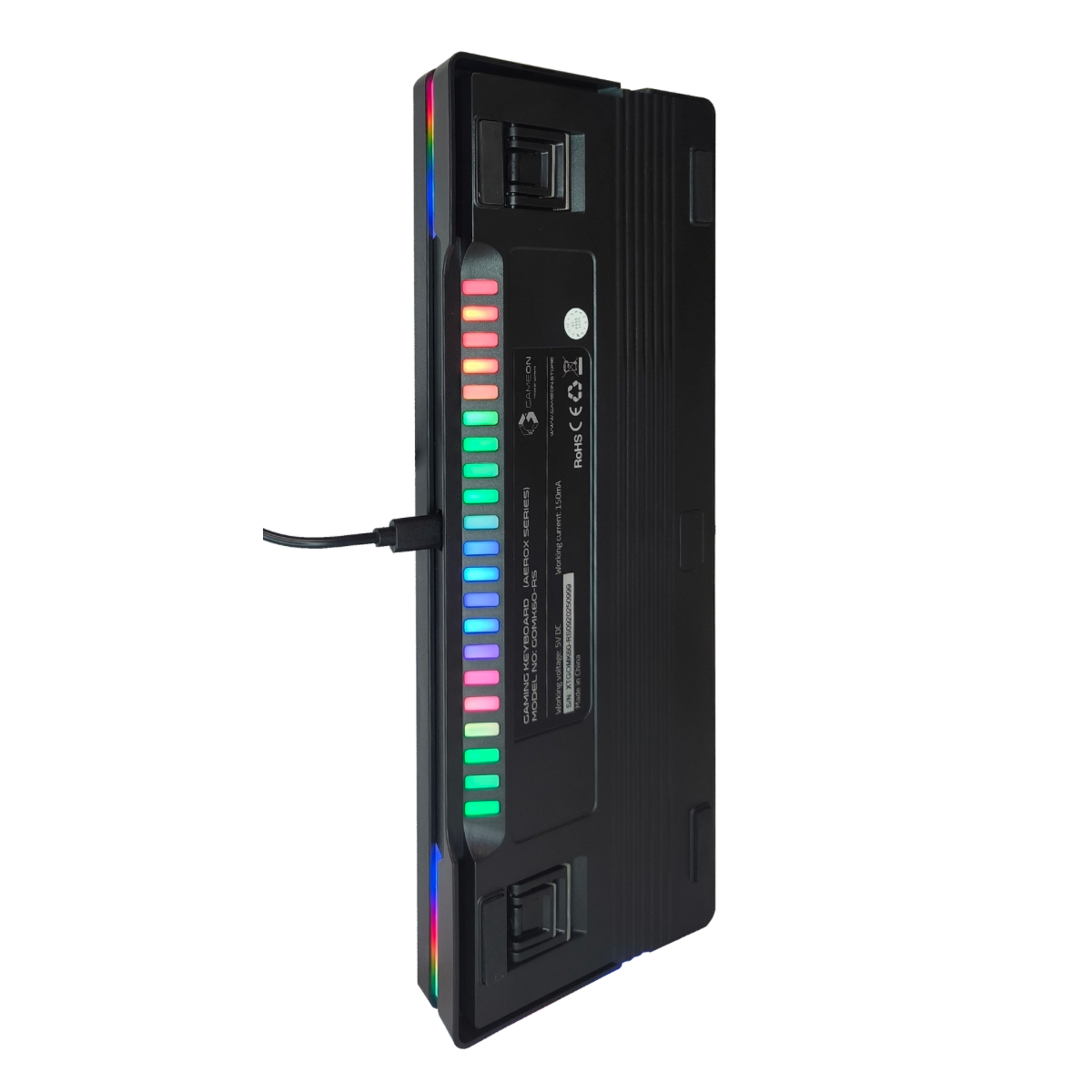 Bottom view of GAMEON AEROX GOMK60-RS 60% RGB mechanical keyboard showing label, Top RGB light bar, and anti-slip rubber pads.