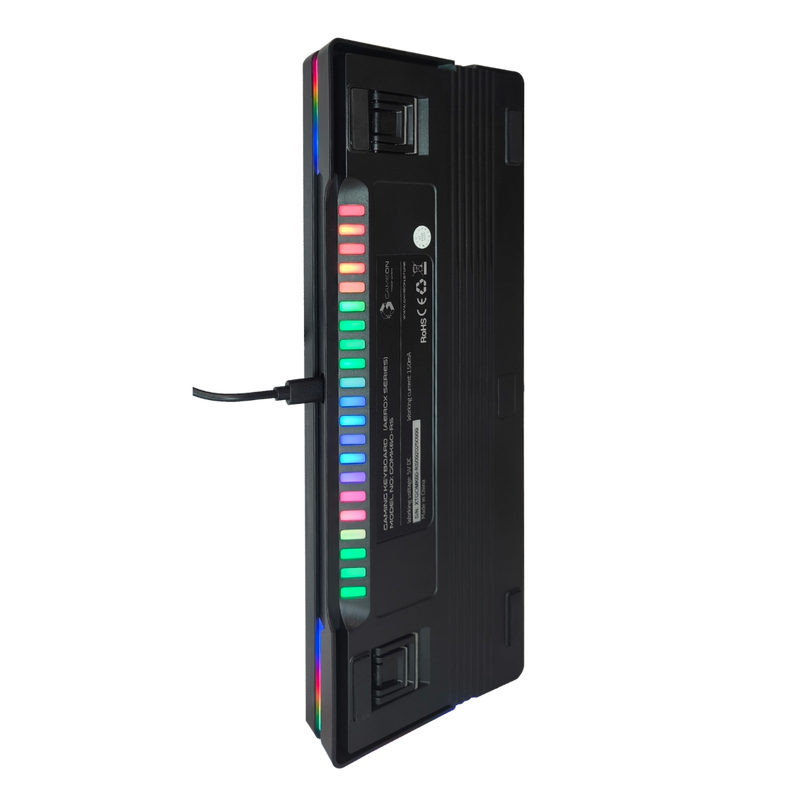 Bottom view of GAMEON AEROX GOMK60-RS 60% RGB mechanical keyboard showing label, Top RGB light bar, and anti-slip rubber pads.