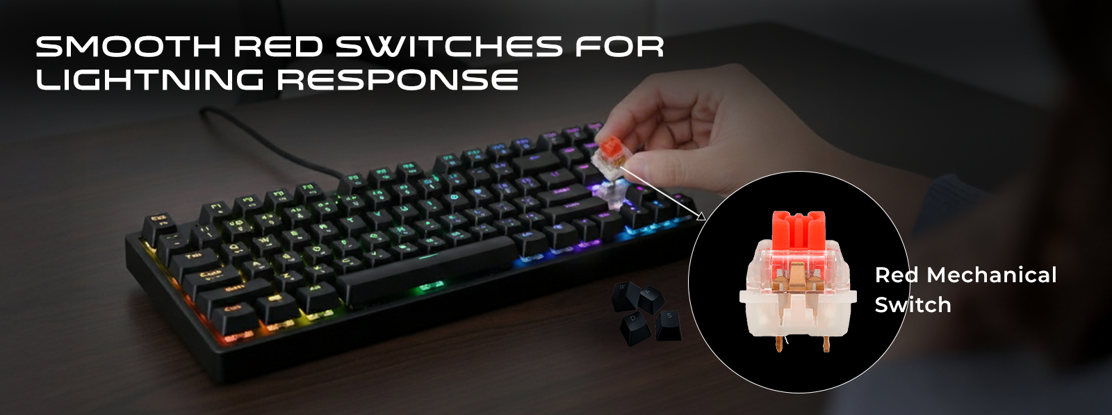 GAMEON KENORA GOMK87-RS keyboard with smooth red mechanical switches, 20 million keystroke lifespan, rainbow RGB lighting.