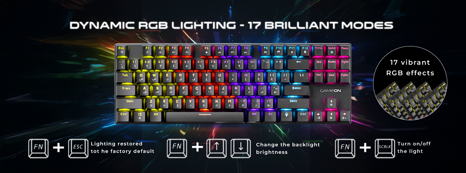 GAMEON KENORA GOMK87-RS keyboard featuring RGB backlight with 17 customizable lighting effects, adjustable brightness and speed, and per-key mixed color illumination.