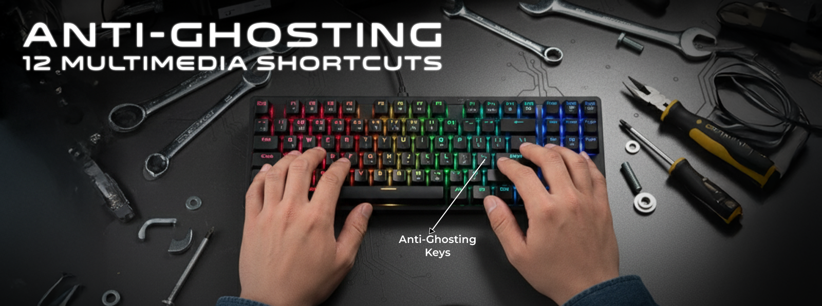 GAMEON KENORA GOMK87-RS keyboard featuring anti-ghosting, red linear mechanical switches, gasket structure, and 12 multimedia shortcuts for precise and responsive control.