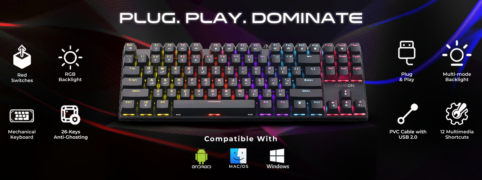 GAMEON KENORA GOMK87-RS mechanical gaming keyboard with red switches, RGB backlight, USB 2.0 cable, anti-ghosting, and multi-platform compatibility with Windows, Mac, and Android.