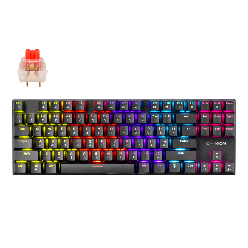 GAMEON KENORA GOMK87-RS 80% RGB Mechanical Gaming Keyboard - Front view showing red switches and compact layout.