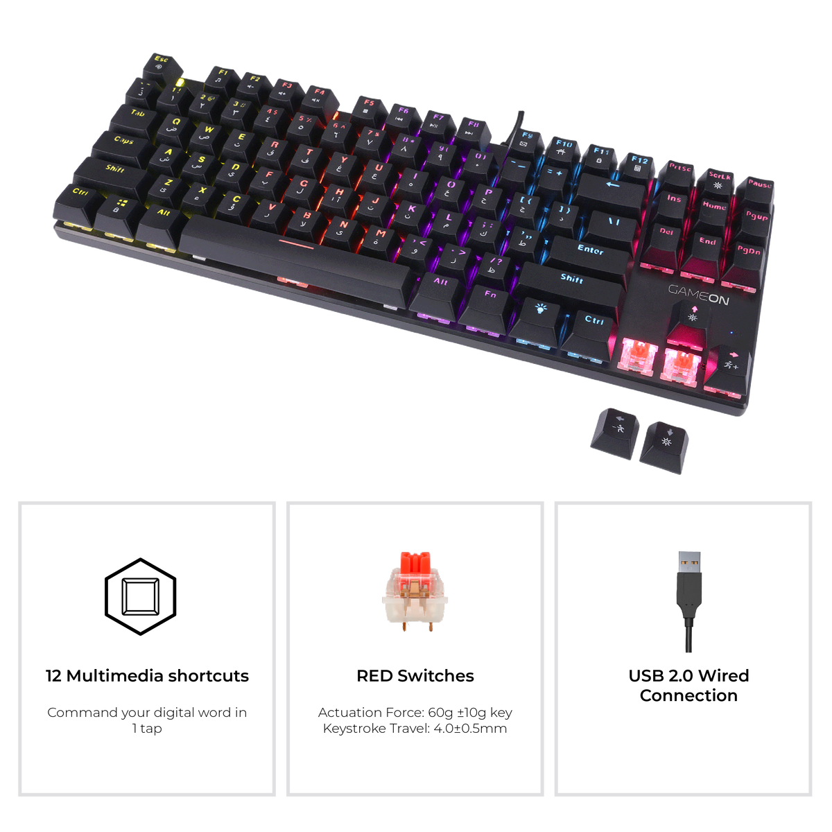 Side angle of GAMEON KENORA GOMK87-RS Mechanical Keyboard – slim profile with red switches, RGB backlight, USB 2.0 connection, and 12 multimedia keys.