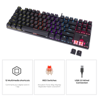 Side angle of GAMEON KENORA GOMK87-RS Mechanical Keyboard – slim profile with red switches, RGB backlight, USB 2.0 connection, and 12 multimedia keys.