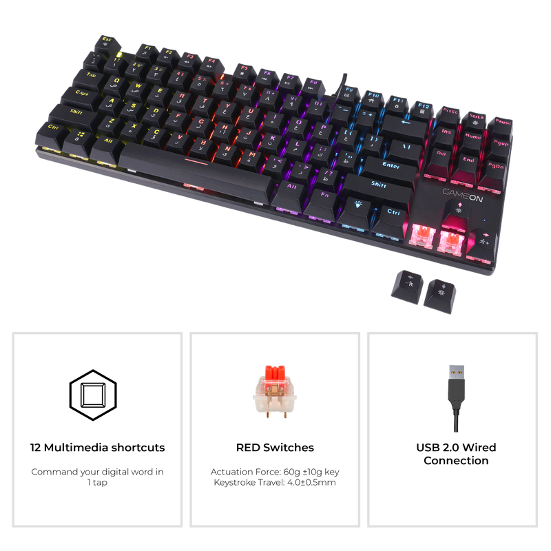 Side angle of GAMEON KENORA GOMK87-RS Mechanical Keyboard – slim profile with red switches, RGB backlight, USB 2.0 connection, and 12 multimedia keys.