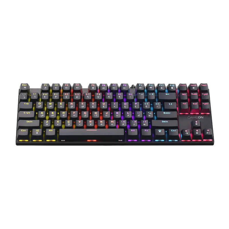 Close-up of GAMEON KENORA GOMK87-RS keyboard keycaps and red switches illuminated by RGB lighting.