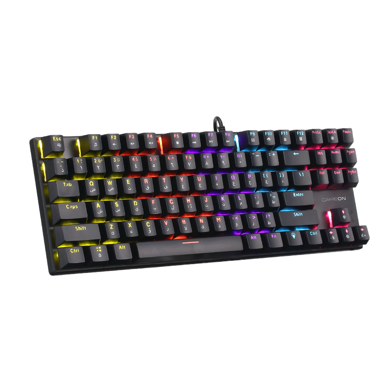 Angled view of GAMEON KENORA GOMK87-RS 80% RGB Mechanical Gaming Keyboard - red switches, USB 2.0 connection, and full RGB edge lighting.