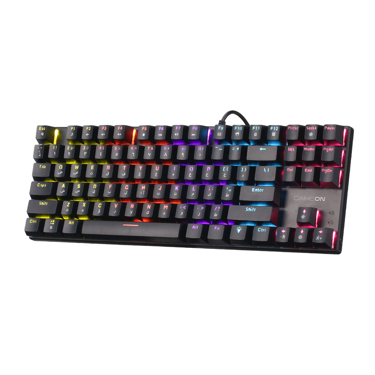 Angled front-right view of GAMEON KENORA GOMK87-RS 80% RGB mechanical keyboard, compact layout with rainbow backlighting.