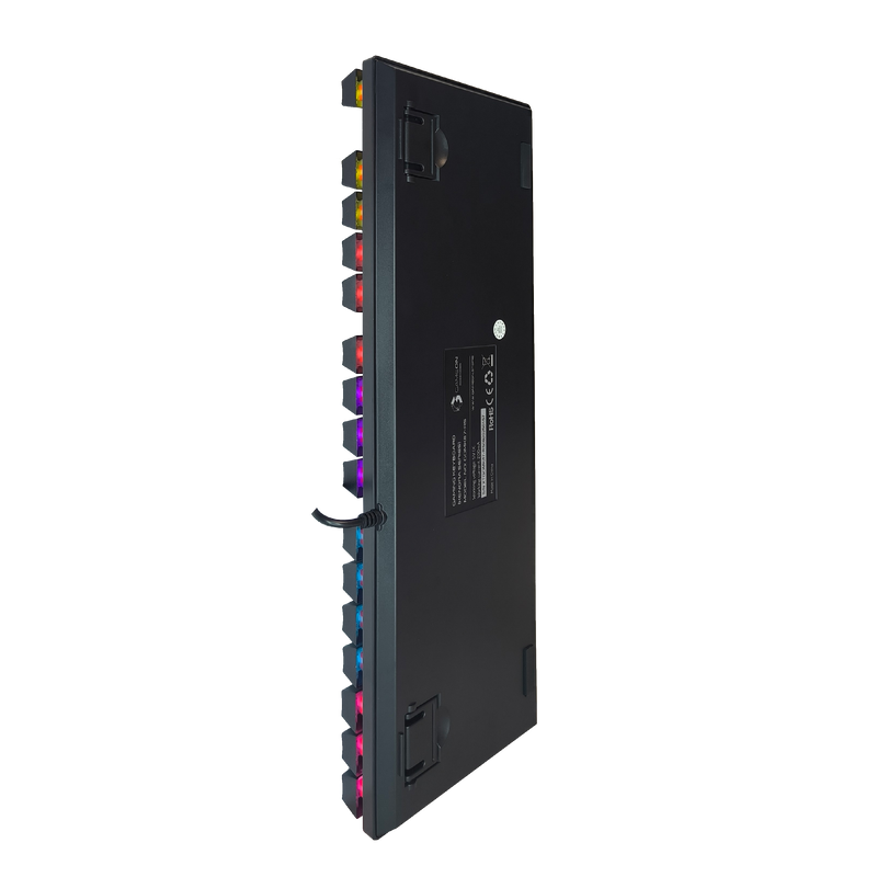 Bottom view of GAMEON KENORA GOMK87-RS 80% RGB mechanical keyboard showing label and anti-slip rubber pads.