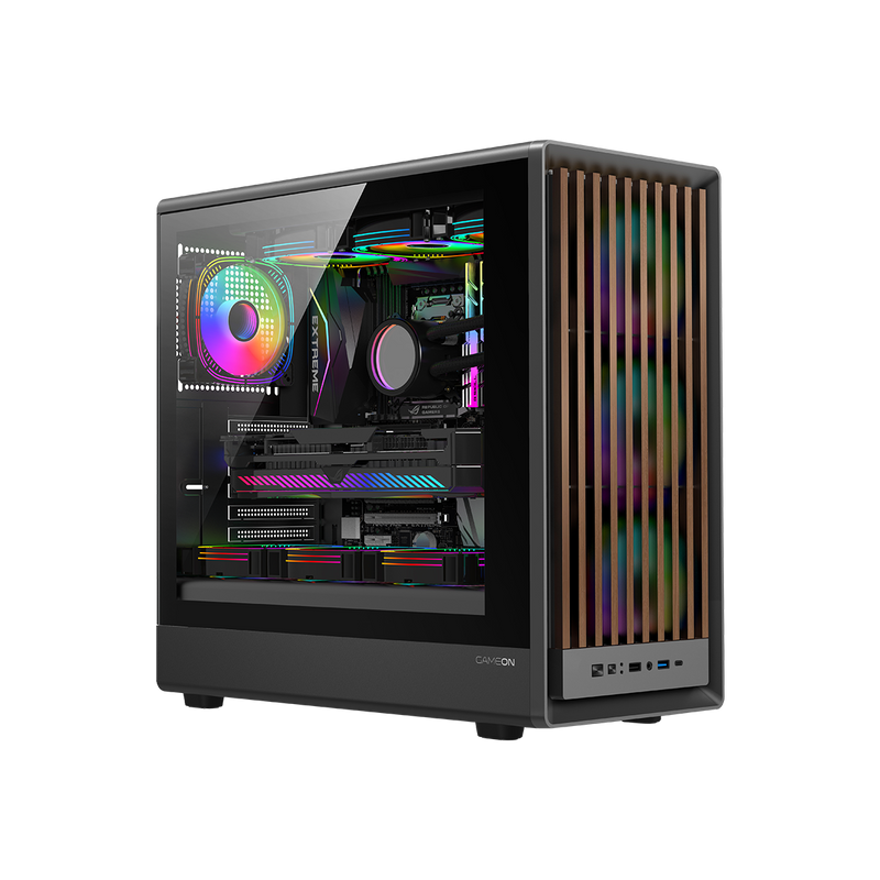 GAMEON TIMBERI Midnight Series ARGB + PWM Mid Tower Gaming Case - Wood/Black