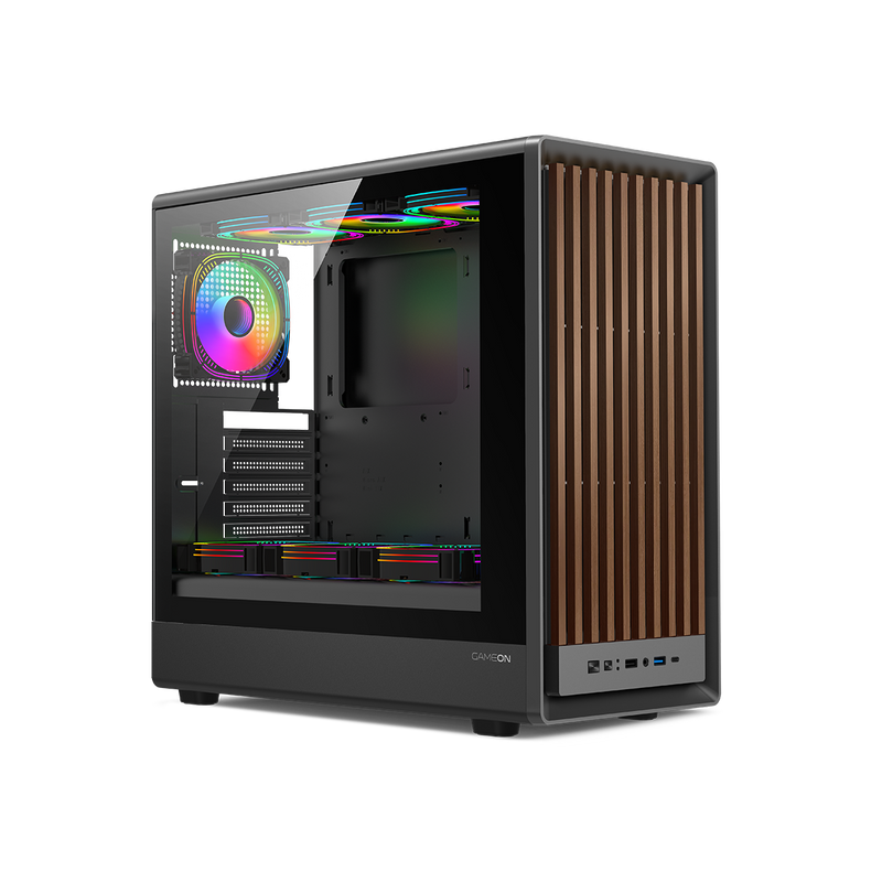 GAMEON TIMBERI Midnight Series ARGB + PWM Mid Tower Gaming Case - Wood/Black