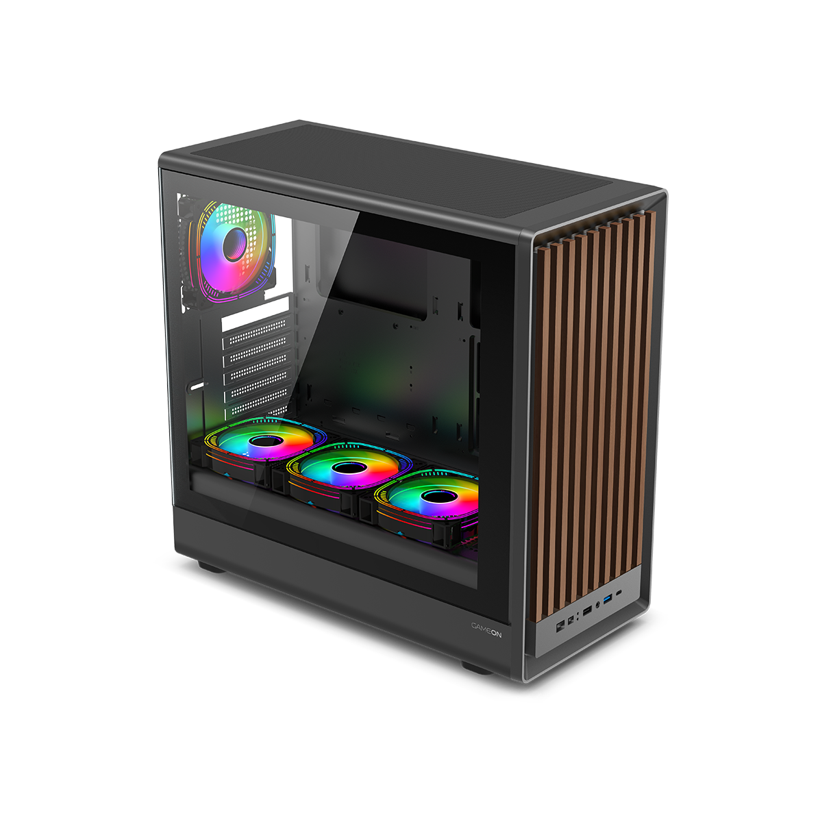 GAMEON TIMBERI Midnight Series ARGB + PWM Mid Tower Gaming Case - Wood/Black