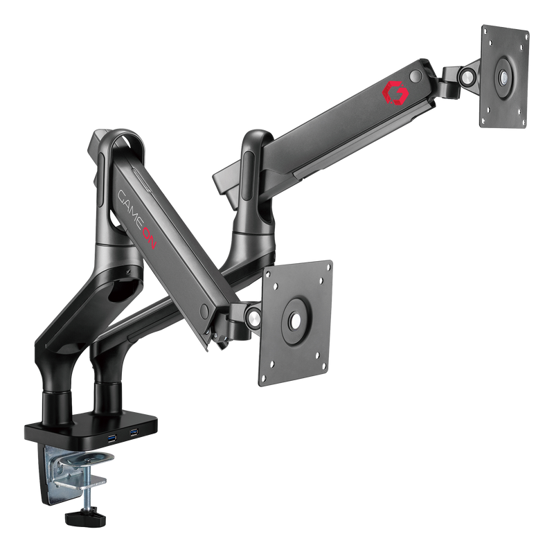 GAMEON GO-2144 Premium Aluminum Spring-Assisted Dual Monitor Arm For Gaming And Office Use, 17" - 33" With USB Port, Each Arm Up To 9 KG, Space Grey