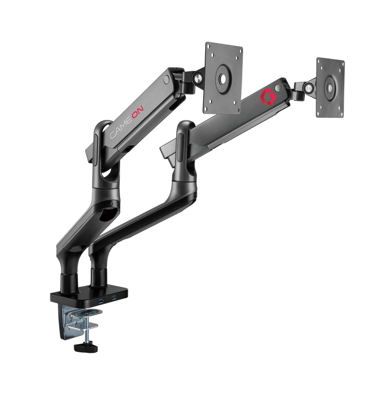 GAMEON GO-2144 Premium Aluminum Spring-Assisted Dual Monitor Arm For Gaming And Office Use, 17" - 33" With USB Port, Each Arm Up To 9 KG, Space Grey