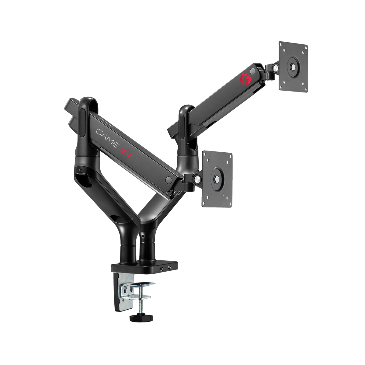 GAMEON GO-2144 Premium Aluminum Spring-Assisted Dual Monitor Arm For Gaming And Office Use, 17" - 33" With USB Port, Each Arm Up To 9 KG, Space Grey