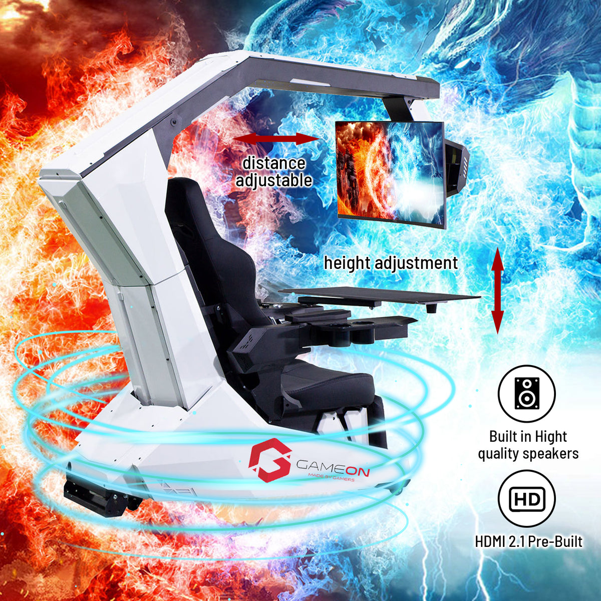 GAMEON IW-R1-PRO Zero Gravity Reclining Computer Workstation Gaming Simulator Chair/Cockpit – White