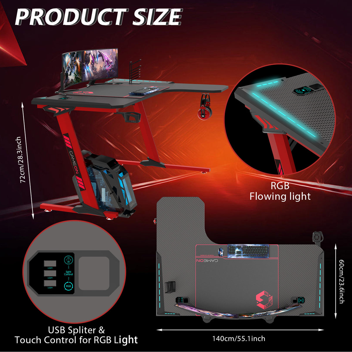 GAMEON Phantom XL-R Series L-Shaped RGB Flowing Light Gaming Desk With Mouse pad, Headphone Hook, Cup Holder, Cable Management, Gamepad Holder, Qi Wireless Charger & USB Hub - Black