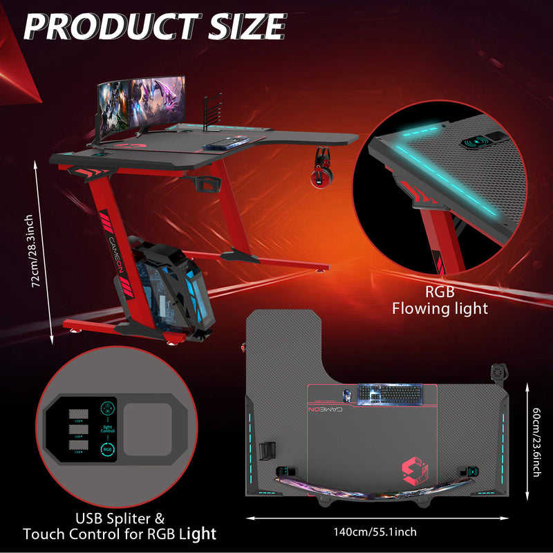 GAMEON Phantom XL-R Series L-Shaped RGB Flowing Light Gaming Desk With Mouse pad, Headphone Hook, Cup Holder, Cable Management, Gamepad Holder, Qi Wireless Charger & USB Hub - Black