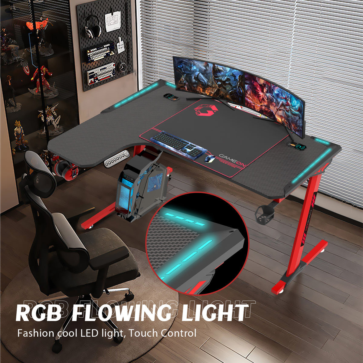 GAMEON Phantom XL-L Series L-Shaped RGB Flowing Light Gaming Desk With Mouse pad, Headphone Hook, Cup Holder, Cable Management, Gamepad Holder, Qi Wireless Charger & USB Hub - Black