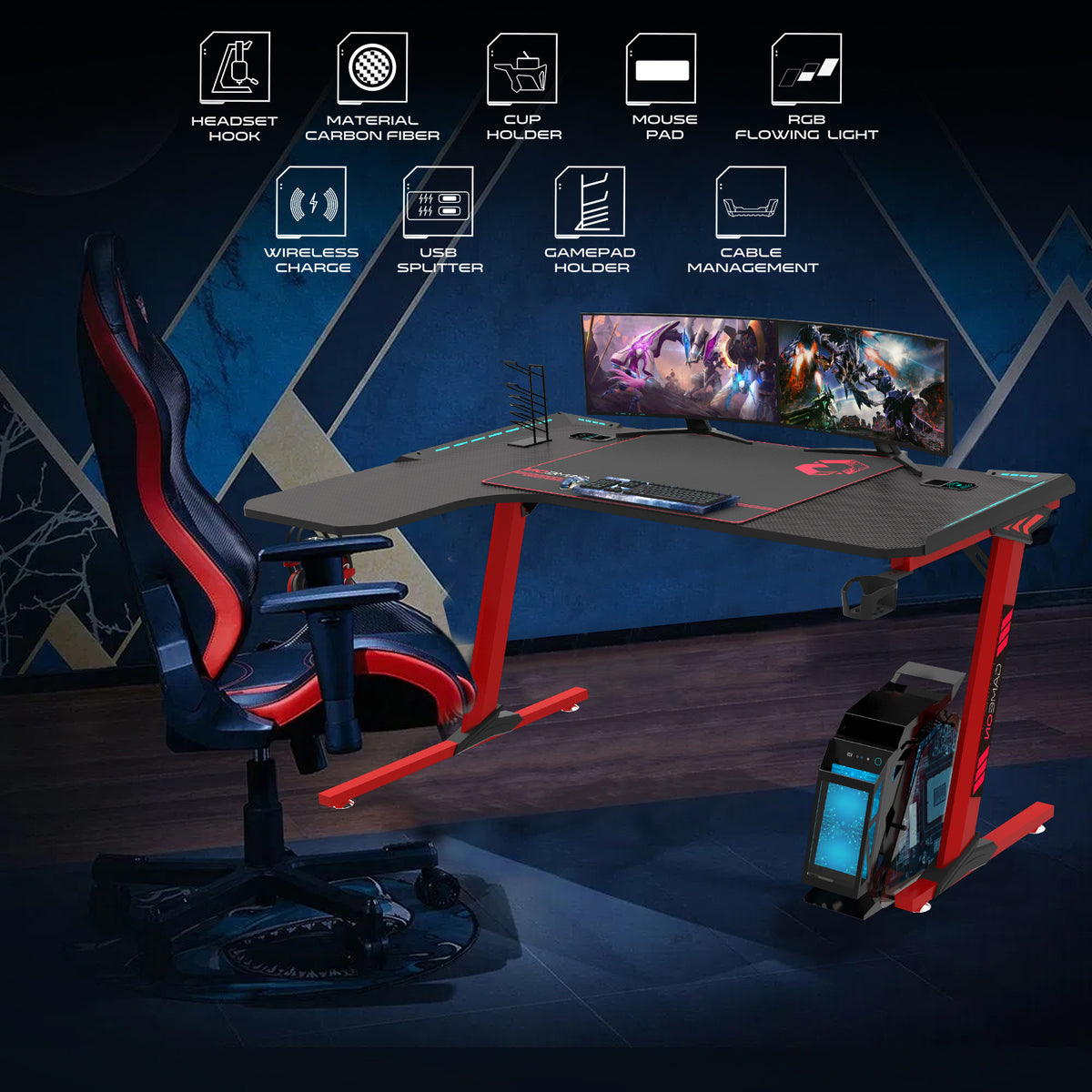 GAMEON Phantom XL-L Series L-Shaped RGB Flowing Light Gaming Desk With Mouse pad, Headphone Hook, Cup Holder, Cable Management, Gamepad Holder, Qi Wireless Charger & USB Hub - Black