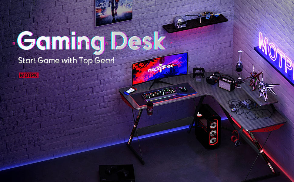 GAMEON L-Shaped Slayer I Series Gaming Desk (Size: 129*129*74cm & Table top 80*46cm) With Headset Hook, Cup Holder & Accessories Stand - Black